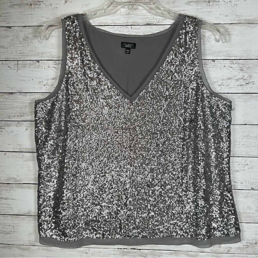 Talbots Silver Gray Gunmetal Bling Holiday Sequin V-Neck Cami Tank Sz 16WP